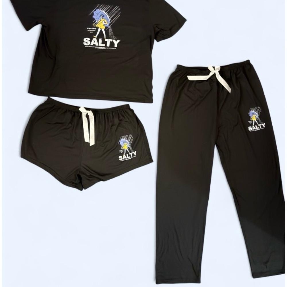 Women’s “Salty” 🧂 Black Graphic Pajama 3 Piece Set Size XL ~ NEW - Picture 7 of 13